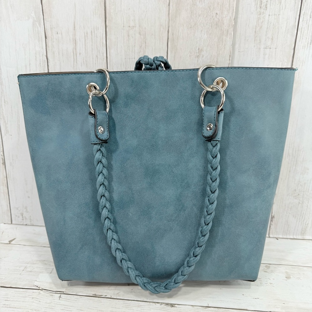 Double handle tote bag large size tassels Faux Leather Durable Turquoise/Silver